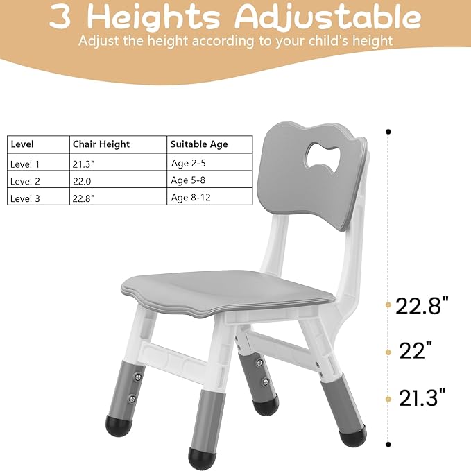 Kids Chair Set of 2, 3 Level Height Adjustable Kid Chair, Plastic Toddler Chairs for Children Boys Girls Age 2-6, Suitable for Home Family Classroom Nursery Indoor Use, Grey