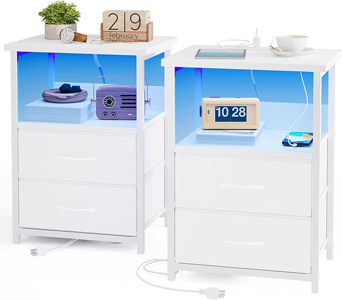 Fixwal Nightstand Set of 2 Night Stand with Charging Station, LED Nightstand with Fabric Drawers, End Table with PU Finish, Bed Side Table, White