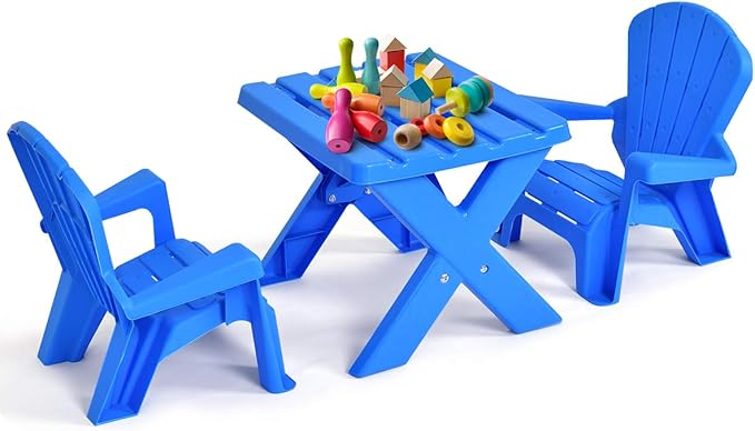 Costzon Kids Table and Chair Set, Outdoor Toddler Activity Table and Adirondack Chairs for Picnic, Garden, Patio, Backyard & Beach, Kids Outdoor Table and Chair Set (Blue)