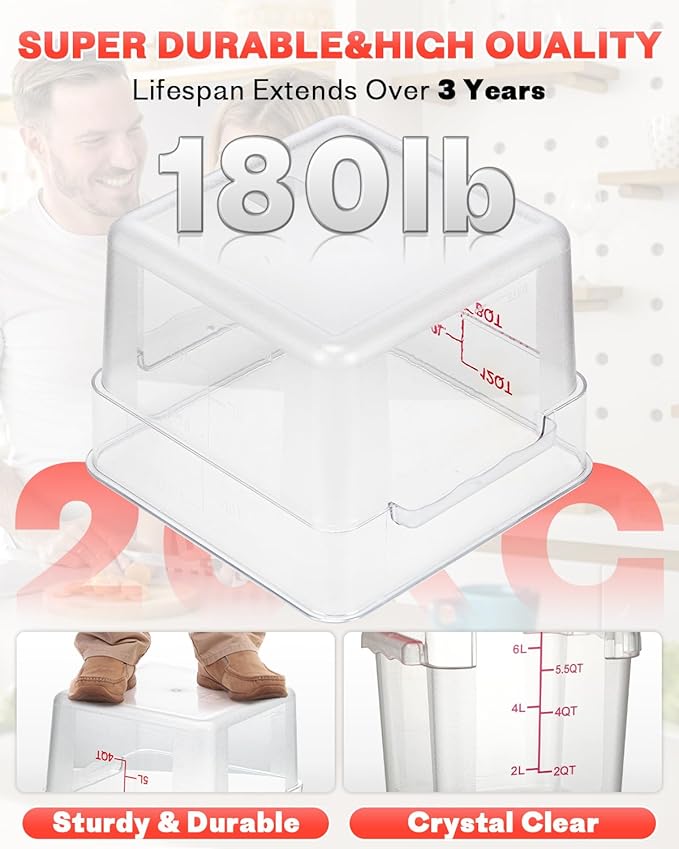 2QT NSF Food Storage Containers: 8 PCS [Food Grade][Hot&Cold Resistant] Commercial Clear Square Food Storage Containers with Scales Handles for Home Restaurant Kitchen Proof Dough (Red)
