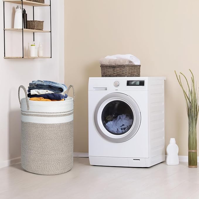 72L Large Laundry Basket, Laundry Hamper with Handles, Clothes Storage Basket, Tall Woven Rope Storage Basket for Dirty Clothes, Blankets, Pillows in Bathroom, Bedroom (Brown, 16 x 22in)