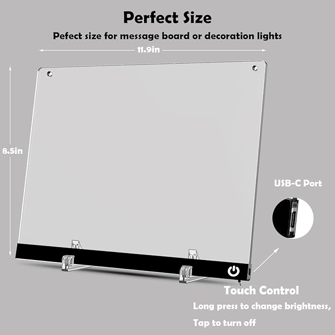 Acrylic Dry Erase Board with Light 11.8"x8.5" Light up Dry Erase Board Brightness Adjustable as Glow Memo LED Letter Message Note Board with Stand Led White Board with 12 Pen for School Home (Black)