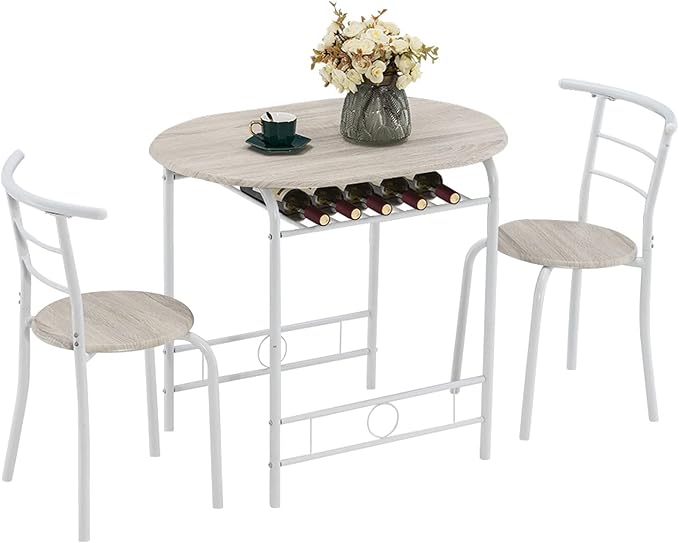 VINGLI 3 Piece Dining Set,Small Kitchen Table Set for 2,Breakfast Table Set,Kitchen Wooden Table and 2 Chairs for Small Space/Dining Room/Apartment,Metal Frame,Wine Rack,White&Light Oak