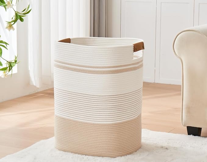Laundry Basket with Handles - Blanket Basket & Hampers for Bedroom Aesthetic, Laundry Hamper & Blanket Storage for Living Room, Clothes Hamper, Tall, Large 17" x 14" x 22”, Off-white