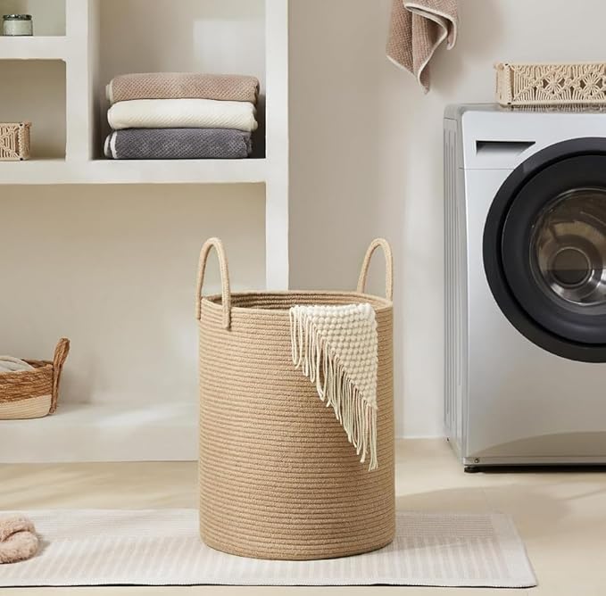 Cotton Laundry Hamper, 72L - Woven Collapsible Basket - Jute Brown