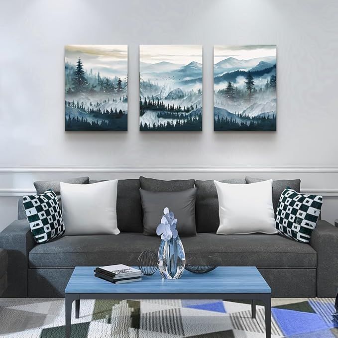 MHARTK66 Framed Wall Art For Living Room Canvas Wall Decor For Bedroom Office Decoration Fog Mountain Forest Posters Landscape Wall Painting Print Pictures Artworks Ready to Hang Home Decor 3 Piece