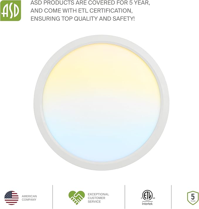 ASD LED 18" Round Flush Mount Ceiling Light Fixture, Low Profile Surface Lighting | 5CCT, Dimmable, Ultra-Thin, ETL Listed | 32W 2600LM 2700-6000K 100-277V | Kitchen, Hallway Lamp | White, 2 Pack