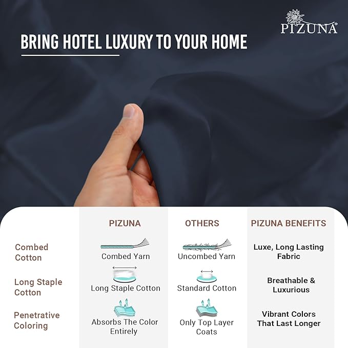 Pizuna 100% Cotton King 3 Pc Duvet Cover + 1 Pc Fitted Sheet Set 400 Thread Count Dark Blue Sateen Weave Luxurious Long Staple Cotton 4 Piece Bedding Set -1 Duvet Cover, 2 Pillow Shams, 1 Fitted Sheet