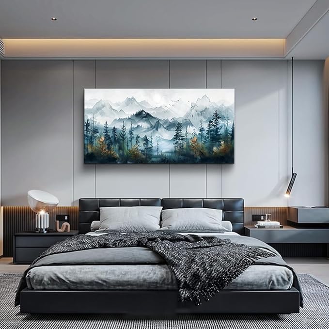 FUHAIHUA Wall Decorations For Living Room Canvas Wall Art For Bedroom Office Wall Decor Hotel Room Mural Misty Forests Trees Paintings Ink Landscape Pictures Artwork Modern Home Decor 20x40 In