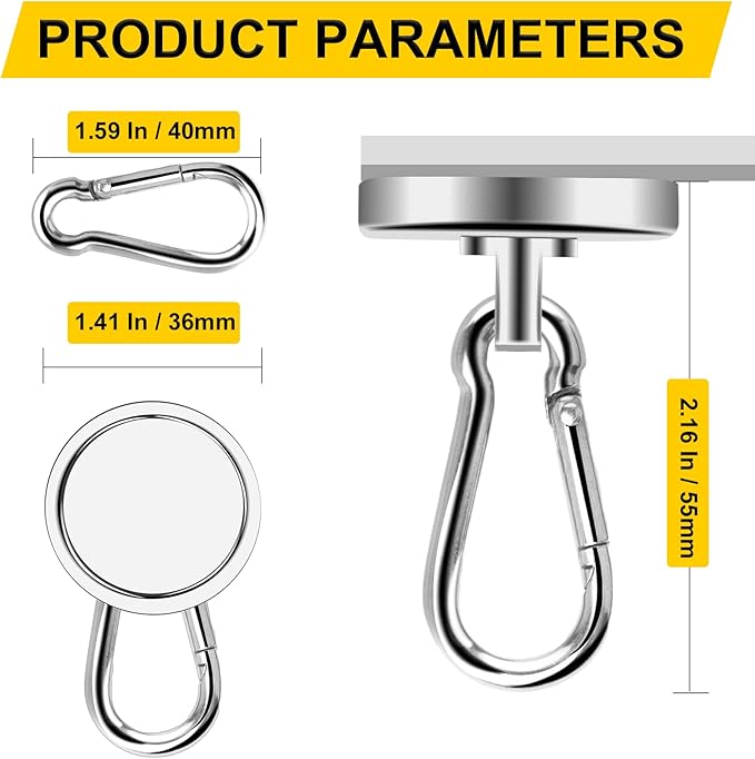 DIYMAG Magnetic Hooks,150LBS Strong Heavy Duty Neodymium Magnet Hooks with Swivel Carabiner Hook,Great for Your Refrigerator and Other Magnetic Surfaces, Pack of 4