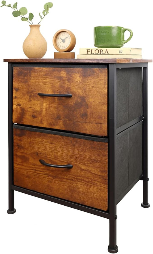 Nightstand with Fabric Bins, Bedside Furniture, Night Stand, End Table Nightstand Storage Tower Unit Organizer with 2 Fabric Bins for Living Room (Rust Brown)