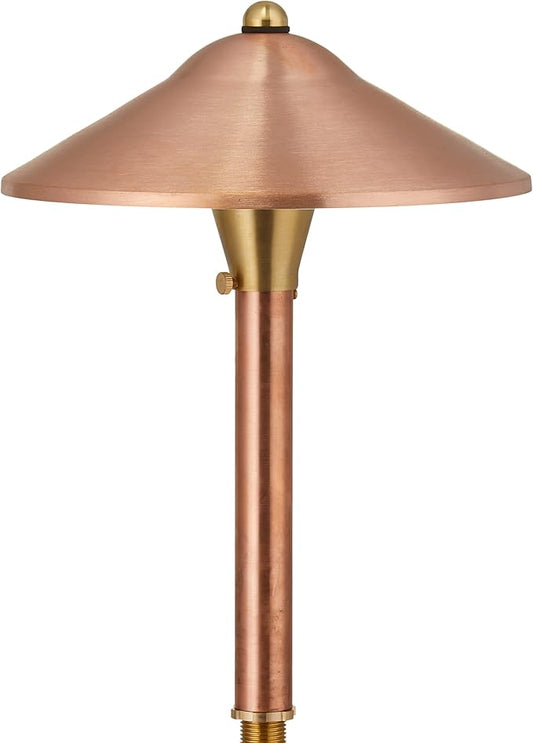 VOLT Max Spread 12V Solid Copper Mini Path Light (15" Tall, 9" Shade) with 3W 2700K Warm White G4 LED Bulb for Low Voltage Landscape Lighting on Outdoor Pathway, Walkway, Garden, Driveway or Patio