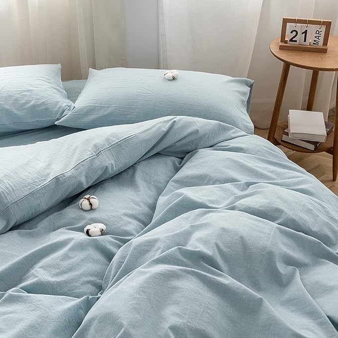 FACE TWO FACE Bedding Duvet Cover Set 3 Pieces 100% Washed Cotton Duvet Cover Linen Like Textured Breathable Durable Soft Comfy (Queen, Light Blue)