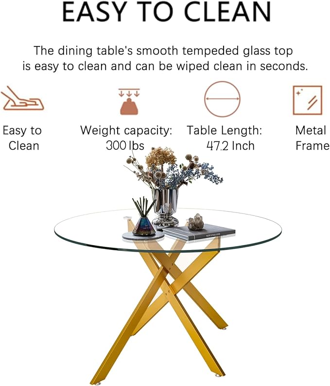 Goujxcy Round Dining Table Set for 6, Modern Glass Kitchen Table and Chairs Set of 6, 7 Piece Dining Room Table Set with 47" Circle Gold Metal Glass Dinner Tables and 6 Black Leather Dining Chairs