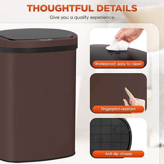 PayLessHere 13 Gallon Trash Can Kitchen Trash Can Automatic Garbage Can with Lid Touch Free High-Capacity Motion Sensor for Kitchen Bedroom Bathroom Office Trash Bin (1, Brown Stainless Steel)