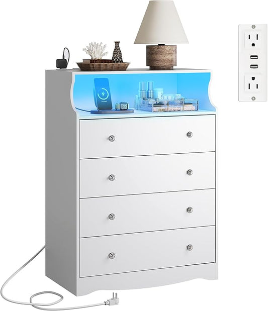WLIVE White LED Dresser for Bedroom, Tall Wood Dresser with 4 Drawers and Open Shelf, Chest of Drawers with Charging Station and LED Lights for Living Room, Hallway, Closet