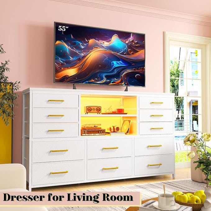 EnHomee White Dresser for Bedroom with 12 Drawers, Fabric Bedroom Dresser with LED Lights & Power Outlets Long Dressers & Chest of Drawers, Sturdy Metal Frame for Closet, Living Room, Hallway