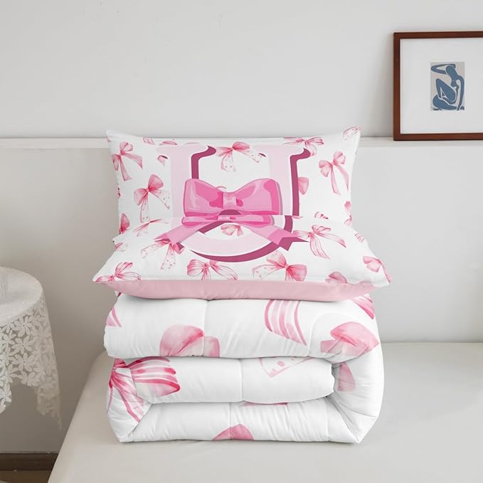 jejeloiu Kids Girls Cute Pink Bow Comforter Set Toddler Size Monogrammed Bedding Set Ultra Soft Personalized Initial U Duvet Quilt Coquette Bow Knot Quilt Set Room Decor Modern Fashion Comforter
