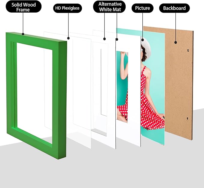 KINLINK 6x8 Picture Frame Grass Green, Solid Wood Frames with Acrylic Plexiglass for Pictures 4x6 with Mat or 6x8 without Mat, Tabletop and Wall Display Photo Frame, 4 Pack