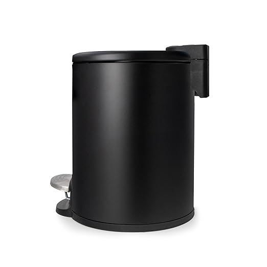 ACENTO 1.3 Gal Round Bathroom Trash Can with Lid – Stainless Steel Small Trashcan with Soft Close Pedal & Removable Liner – Compact Waste Bin for Bathroom, Bedroom, Dorm, Office – Matte Black