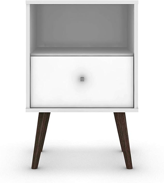Manhattan Comfort Liberty Mid Century Modern Nightstand with Drawer and Cubby, Bedside Table for Bedroom and Living Room, Night Stand Accent Decor, Easy Assembly, White