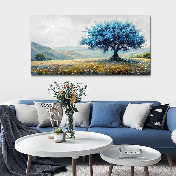 FUHAIHUA Canvas Wall Art For Living Room Large Wall Decor For Office Bedroom Decorations Pastoral Landscape Pictures Blue Tree Painting Artwork Modern Room Wall Mural Aesthetic Home Decor 30x60 In