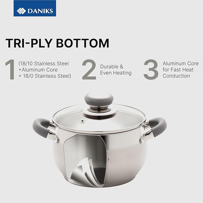 Daniks Modern Stainless Steel Stock Pot with Glass Lid - Induction 2 Quart, Dishwasher Safe, Heatproof Handles, For Soup, Pasta, Stew, Silver
