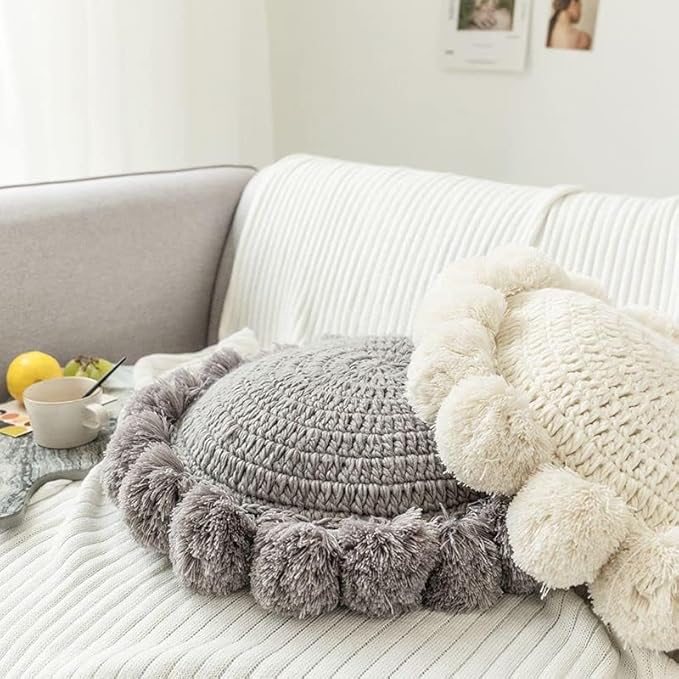 Knitted Throw Pillow Round Couch Pillow Sofa Cute Cushion Handmade Pompoms Decorative Plush Pillow (Grey, Diameter 18inches)