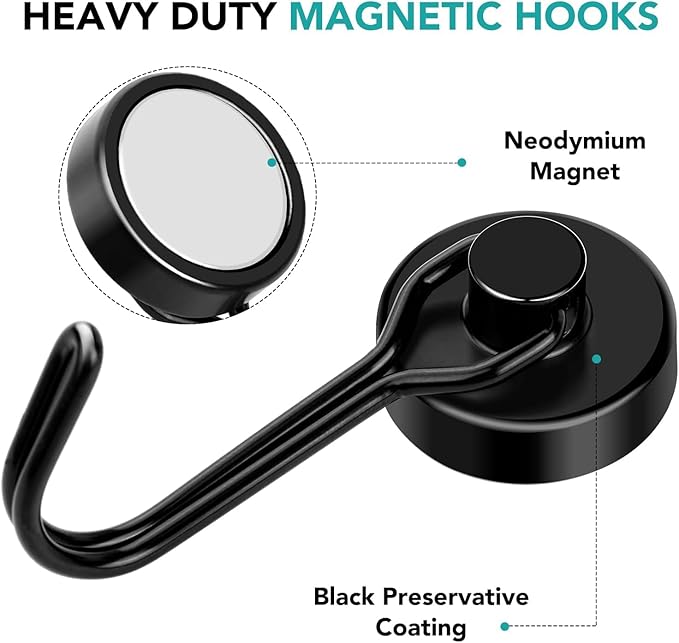 DIYMAG Black Magnetic Hooks, 110LBS Strong Magnetic Hooks Heavy Duty, Strong Magnet Hooks with Metal Hanger for Hanging Refrigerator Home Kitchen Office, 16Pack