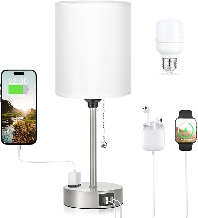Dicoool White Bedside Lamp for Bedroom - 3 Color Temperatures Desk Lamp with USB C and A Ports, Pull Chain Table Lamp with AC Outlet, Nightstand Lamp with Silver Metal Base for Kids Girls