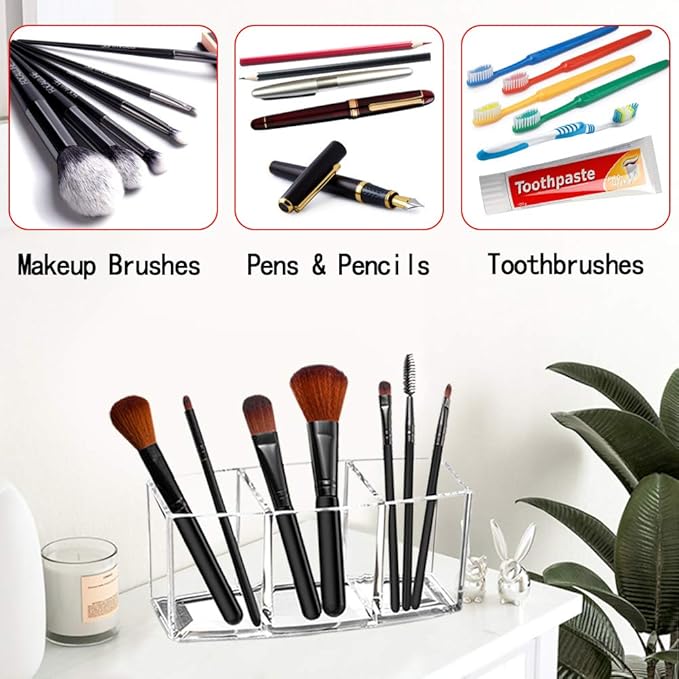 Acrylic Makeup Brush Organizer Holder Clear Cosmetic Brushes Storage with 3 Slots