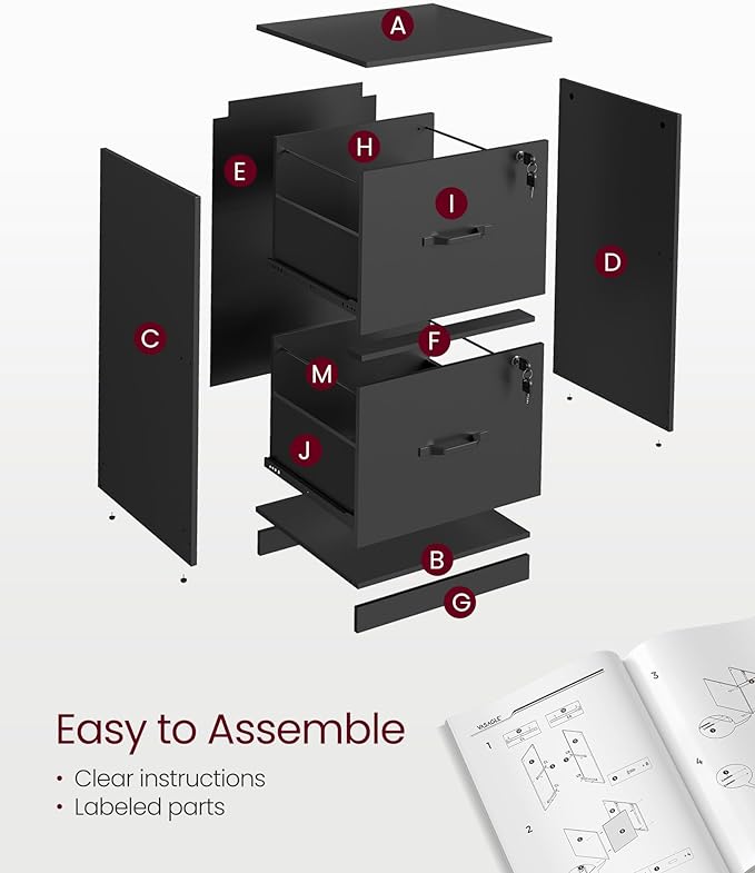 VASAGLE 2 Drawers File Cabinet with Lock, Printer Stand, Office Filing Cabinet Organizer, for A4 and Letter Size Documents, Ink Black UOFC061B16
