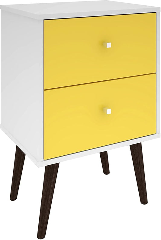 Manhattan Comfort Liberty Mid Century Modern Nightstand with Drawers, Bedside Table for Bedroom and Living Room, Night Stand Accent Decor, Easy Assembly, White/Yellow