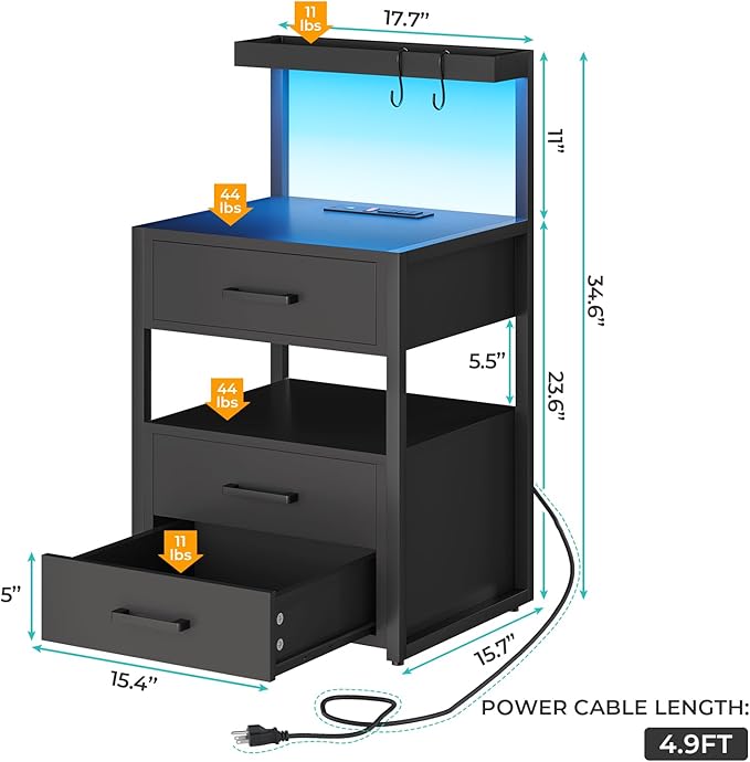 VIAGDO Led Nightstand with Charging Station, 3 Drawers Night Stands with Led Lights, Black Bedside Tables with Storage Shelves, Modern End Side Tables for Bedroom, Office