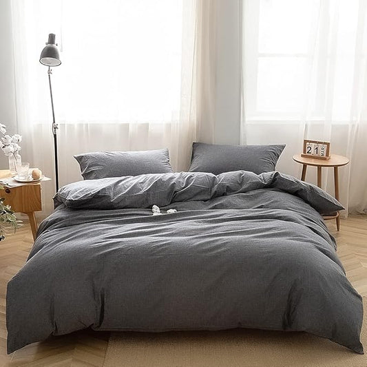 FACE TWO FACE Bedding Duvet Cover Set100% Washed Cotton Duvet Cover Linen Like Textured Breathable Durable Soft Comfy (Full, Gray)