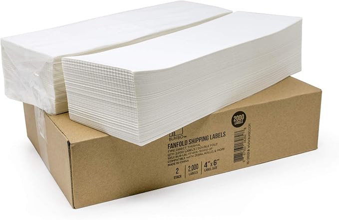 Buhbo 4" x 6" Direct Thermal Labels - Perforated BPA Free - Compatible with Zebra & Rollo Printer - Commercial Grade Shipping (2000 Fanfold Labels - 2 Stacks of 1000)