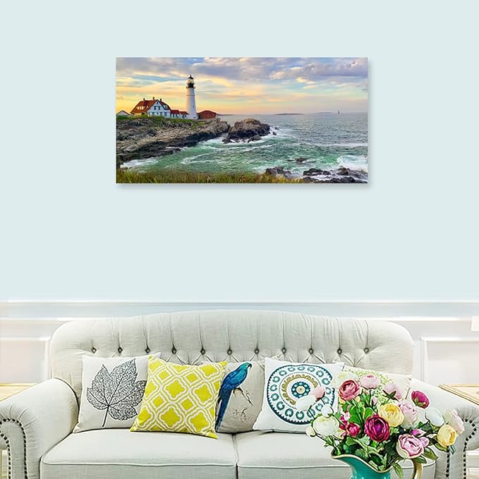Sunset Lighthouse Canvas Wall Art for Living Room Wall Decor Sunset Seascape Canvas Pictures Ocean Canvas Prints Nature Canvas Artwork Office Home Wall Decorations Framed Ready to Hang 24" x 48"