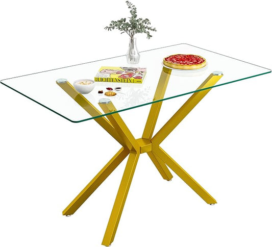 47" Tempered Glass Dining Table for 4, Modern Kitchen Table Rectangle Top, Geometric Metal Leg, for Apartment Dining Room Restaurant (Gold)