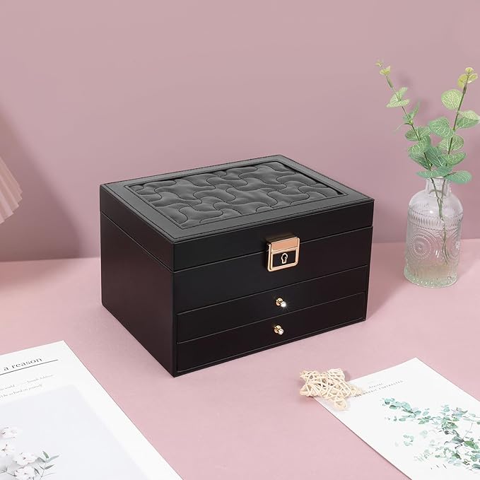 DesignSter Jewelry Box,Jewelry Organizer with 2 Drawers, 3 Layers Leather Jewelry Storage Box with Lock, Jewelry Storage Case for Necklaces Earrings Bracelets and Rings（Black）