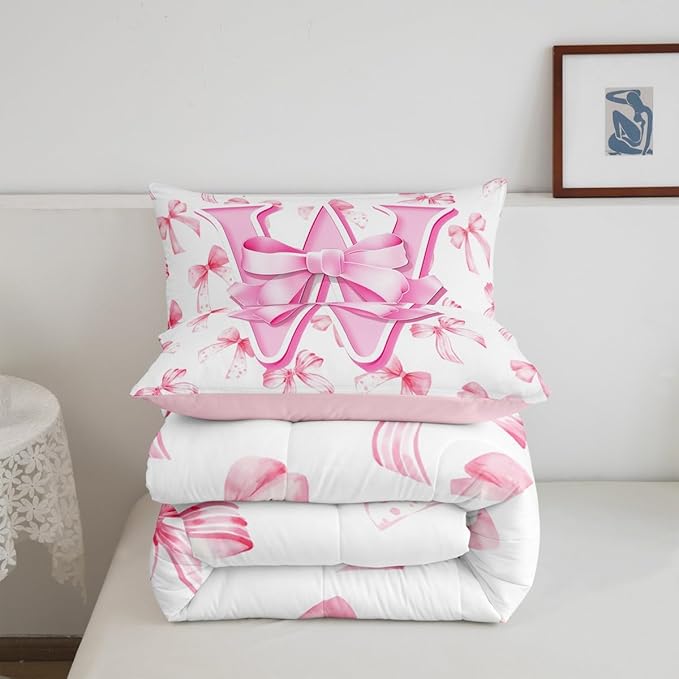 jejeloiu Kids Girls Cute Pink Bow Comforter Set King Size Monogrammed Bedding Set Ultra Soft Personalized Initial W Duvet Quilt Coquette Bow Knot Quilt Set Room Decor Modern Fashion Comforter