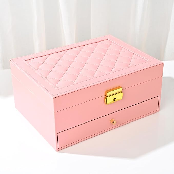Jewelry Organizer Box for Women - Large PU Leather Jewelry Organizer Storage Case with Two Layers Display for Earrings Bracelets Rings Watches (Pink)