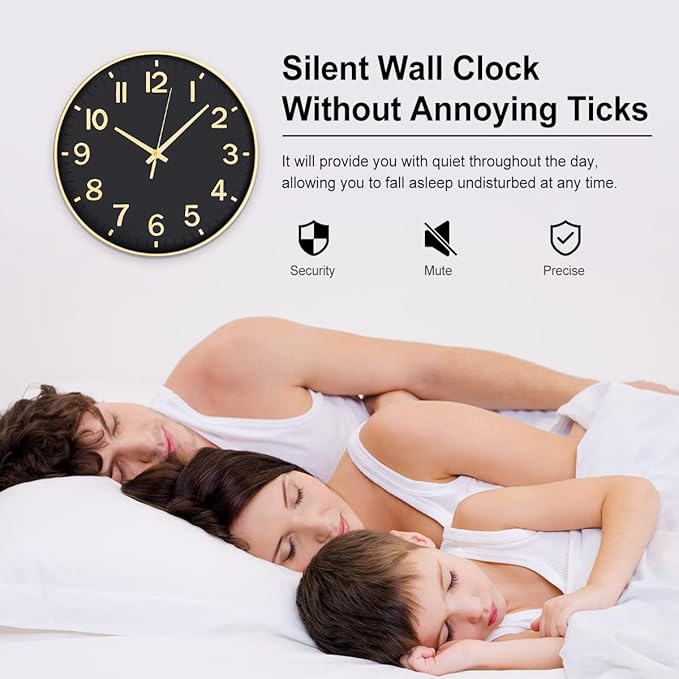 HZDHCLH Black Wall Clocks Battery Operated,12 inch Silent Non Ticking Modern Clock for Wall, 3D Numbers Wall Clock for Kitchen Bedroom Living Room Office Classroom Decor (Black-Gold)