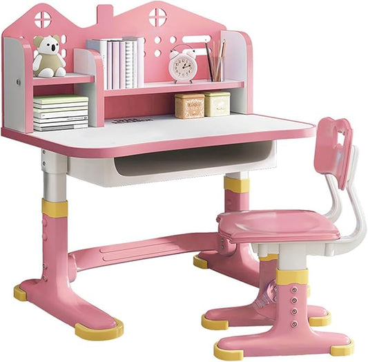 Kids Desk and Chair Set Adjustable School Study Desk with Castle Backboard, Wide Tabletop, Bookstand & Storage Drawer for Children's Room Pink (Pink)