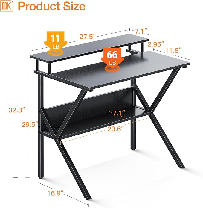 ODK Small Desk, 27.5 Inch Computer Desk for Small Spaces, Compact Desk with Storage, Study Table with Monitor Stand for Home Office, Black