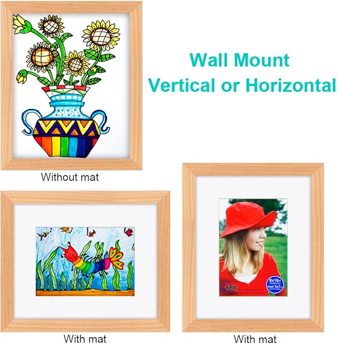 RPJC 8x10 inch Picture Frame Made of Solid Wood and High Definition Glass Display Pictures 5x7 with Mat or 8x10 Without Mat for Wall Mounting Photo Frame Natural