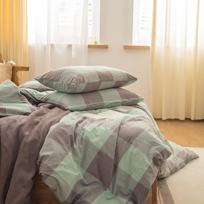 FACE TWO FACE Bedding Duvet Cover Set100% Washed Cotton Duvet Cover Linen Like Textured Breathable Durable Soft Comfy (Full, Light Green Grid)