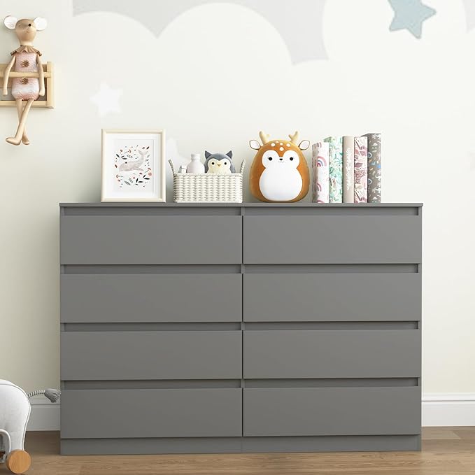 Grey Dresser for Bedroom,Modern Large 8 Drawer Dresser with Deep Drawer,Wide Storage Chest of Drawer,Wood Bedroom Storage Organizer Furniture,TV Stand for Living Room