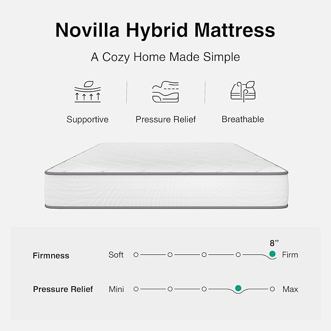Novilla Twin Size Mattress, 8 Inch Twin Mattress Hybrid with Comfy Support, Bed Mattresses in a Box with Individual Pocket Springs for Motion Isolation & Pressure Relief, Certipur-Us Certified