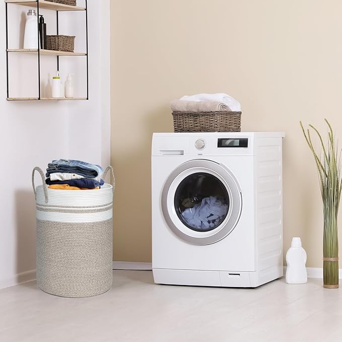 58L Large Laundry Basket, Laundry Hamper with Handles, Clothes Storage Basket, Tall Woven Rope Storage Basket for Dirty Clothes, Blankets, Pillows in Bathroom, Bedroom (Brown, 15 x 20in)