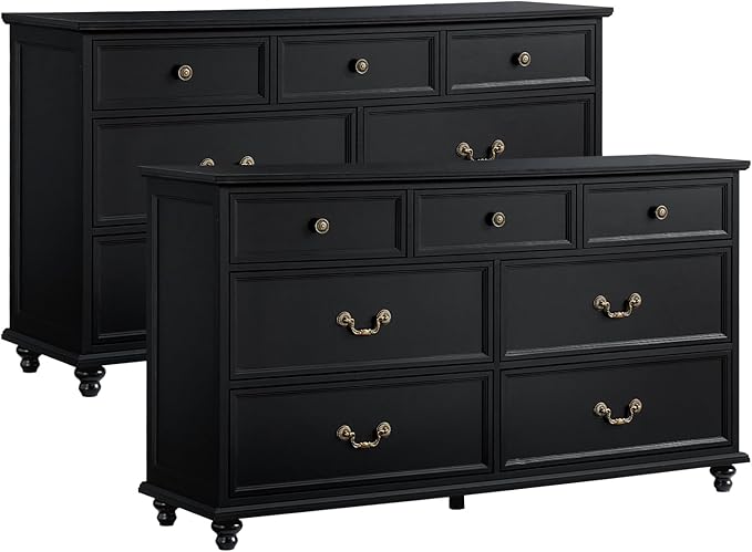Farmhouse 7 Drawers Dresser Sets of 2 for Bedroom, Black 54 Inch Wide Chest of Drawers w/ 4 Wooden Legs, Large Vintage Rustic Closet Dressers for Living Room, Wood TV Stand